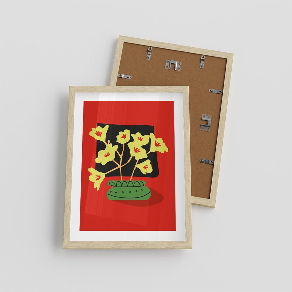 Plakat w ramie 30x40 - Abstrakcyjne Przenikanie - abstrakcyjne kwiaty, czerwone tło - rama drewno