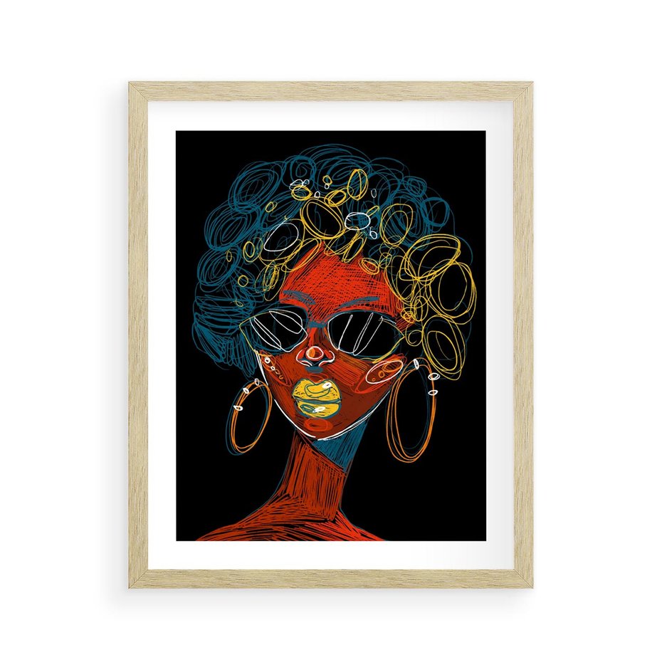 Plakat w ramie 40x50 - Kolorowe Wibracje Rzeczywistości - abstrakcyjny portret kobiety, twarz - rama drewno