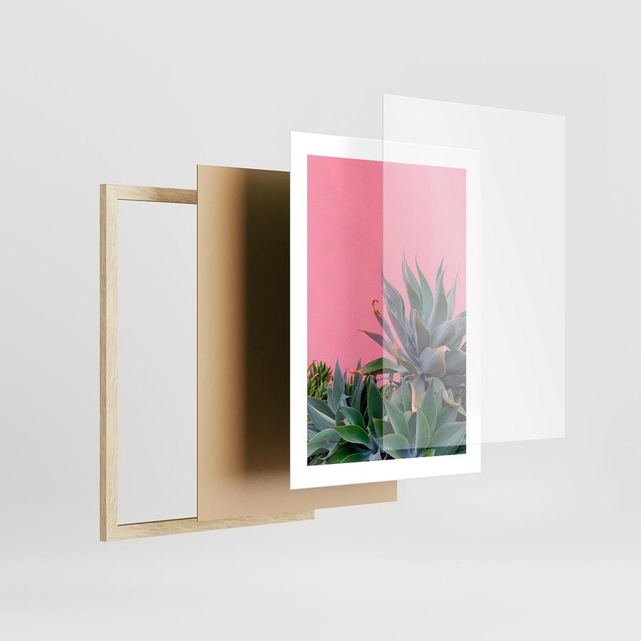 Plakat w ramie 30x40 - Tropikalne Liście na Różowej Ścianie - różowa ściana, tropikalne liście na jej tle - rama drewno