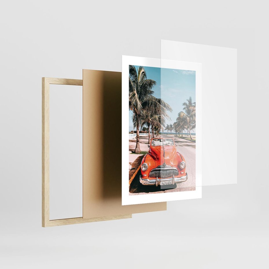 Plakat w ramie 30x40 - Retro Przejażdżka - pomarańczowy retro samochód, kabriolet - rama drewno