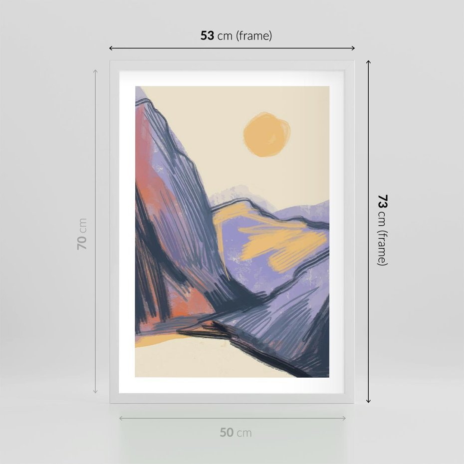 Plakat w ramie 50x70 - Ponad Szczytami - pastelowy krajobraz, nowoczesny plakat - rama biała