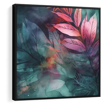 Obraz w ramie 50x50 - Subtelne Zielone - pastelowe zielone liście, róż - rama czarna