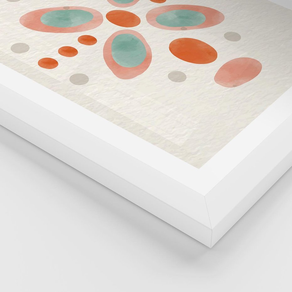 Plakat w ramie 40x50 - Symfonia Natury - abstrakcyjne plamy w odcieniach pomarańczowym, kropki plamki - rama biała