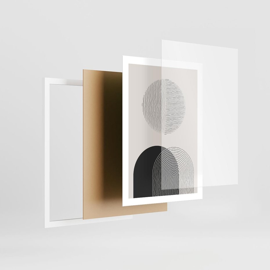 Plakat w ramie 50x70 - Przenikająca Rzeczywistość - abstrakcyjna kompozycja, okręgi i półokręgi - rama biała