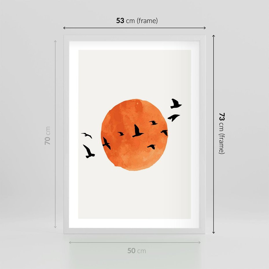 Plakat w ramie 50x70 - Zachód Słońca i Ptaki - grafika akwarela, czarne ptaki na tle zachodu słońca - rama biała