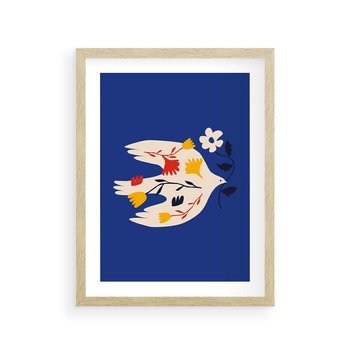 Plakat w ramie 50x70 - Bezczasowy Szept - niebieskie tło, abstrakcyjny biały ptak - rama drewno