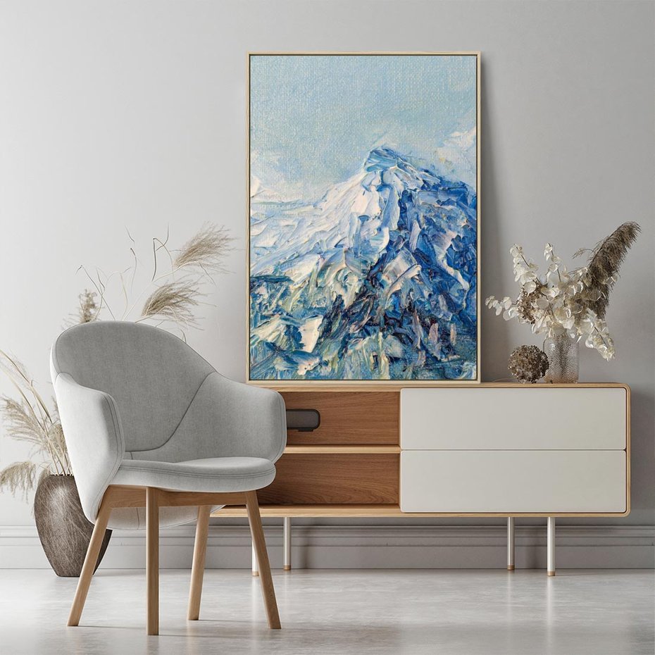 Obraz w ramie 80x120 - Majestat Błękitnych Szczytów - olejny obraz, górski pejzaż - rama drewno