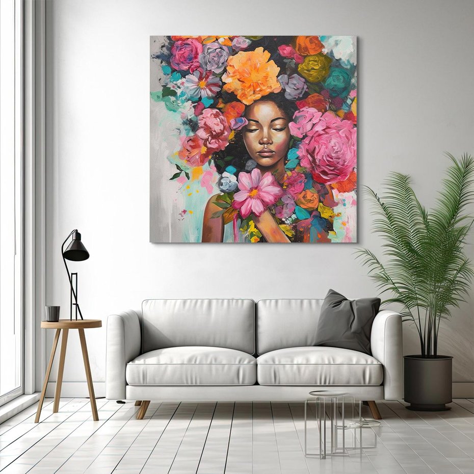 Obraz na płótnie 50x50 - Z Głową w Kwiatach - obraz olejny, sztuka nowoczesna