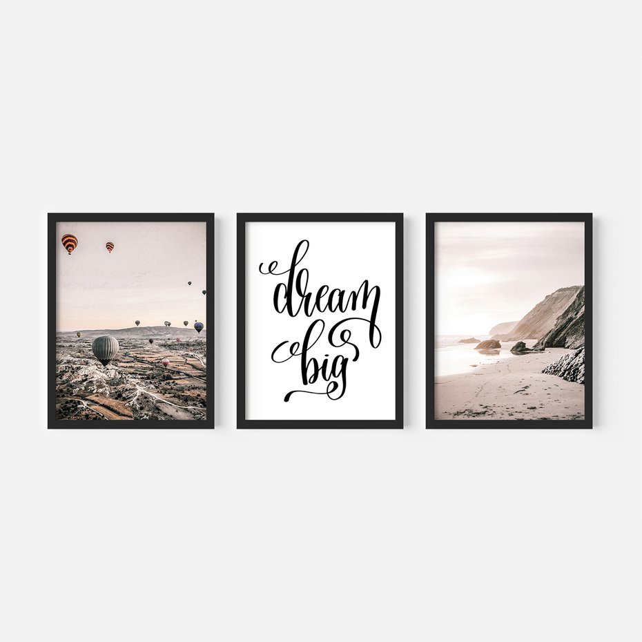 Zestaw obrazy w ramie 50x70 galeria - Dream, big, cytat, napis, balony - rama czarna