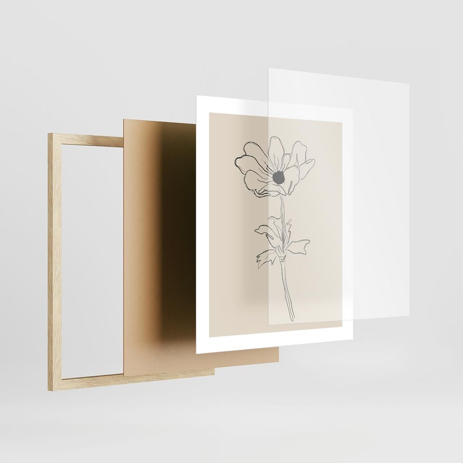 Plakat w ramie 40x50 - Przenikający Dialog - szkic kwiatu, mnimalistyczny szkic - rama drewno