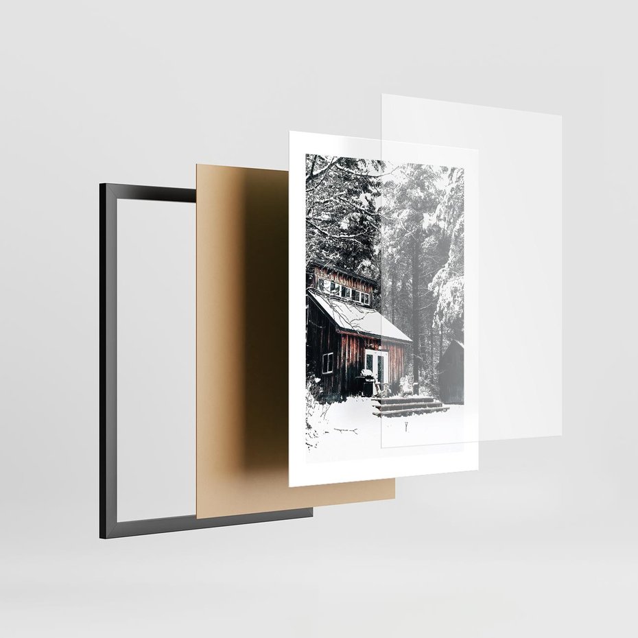 Plakat w ramie 30x40 - Zimowy Urok Drewnianego Domku - zima, drewniany domek - rama czarna
