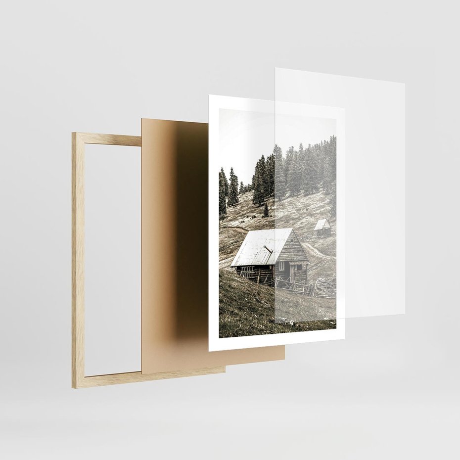 Plakat w ramie 50x70 - Ustronne Chatki w Górach - rustykalne domki w górach, sepia - rama drewno