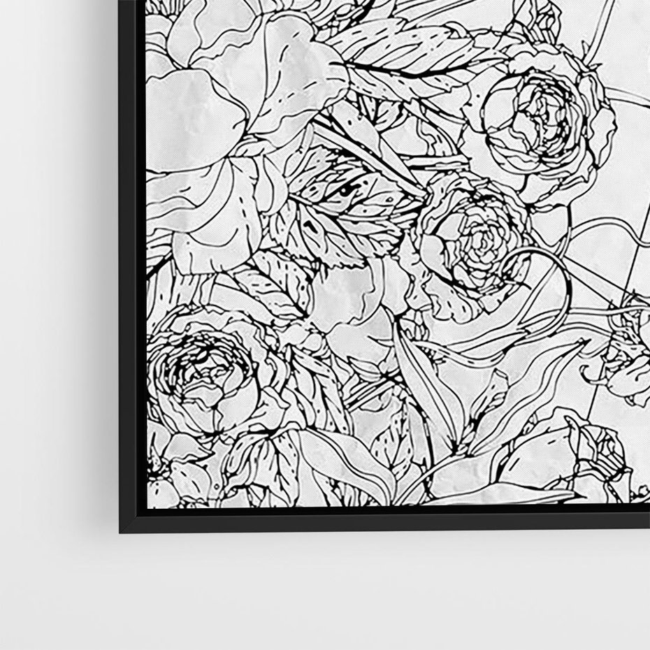 Obraz w ramie 50x50 - Refleksje w martwym punkcie - graficzny szkic, kompozycja kwiatów - rama czarna