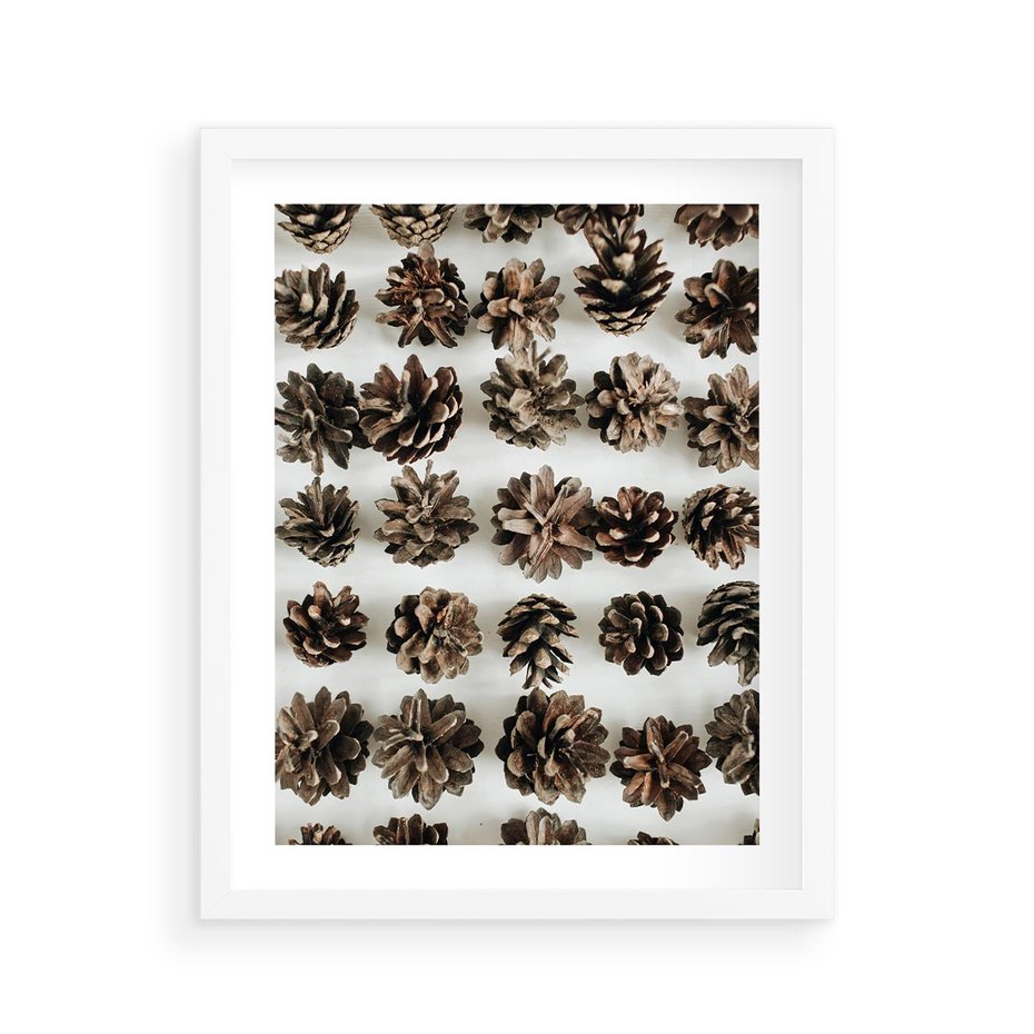 Plakat w ramie 40x50 - Jesienna Tekstura - kompozycja z suchych szyszek, jesienne szyszki - rama biała