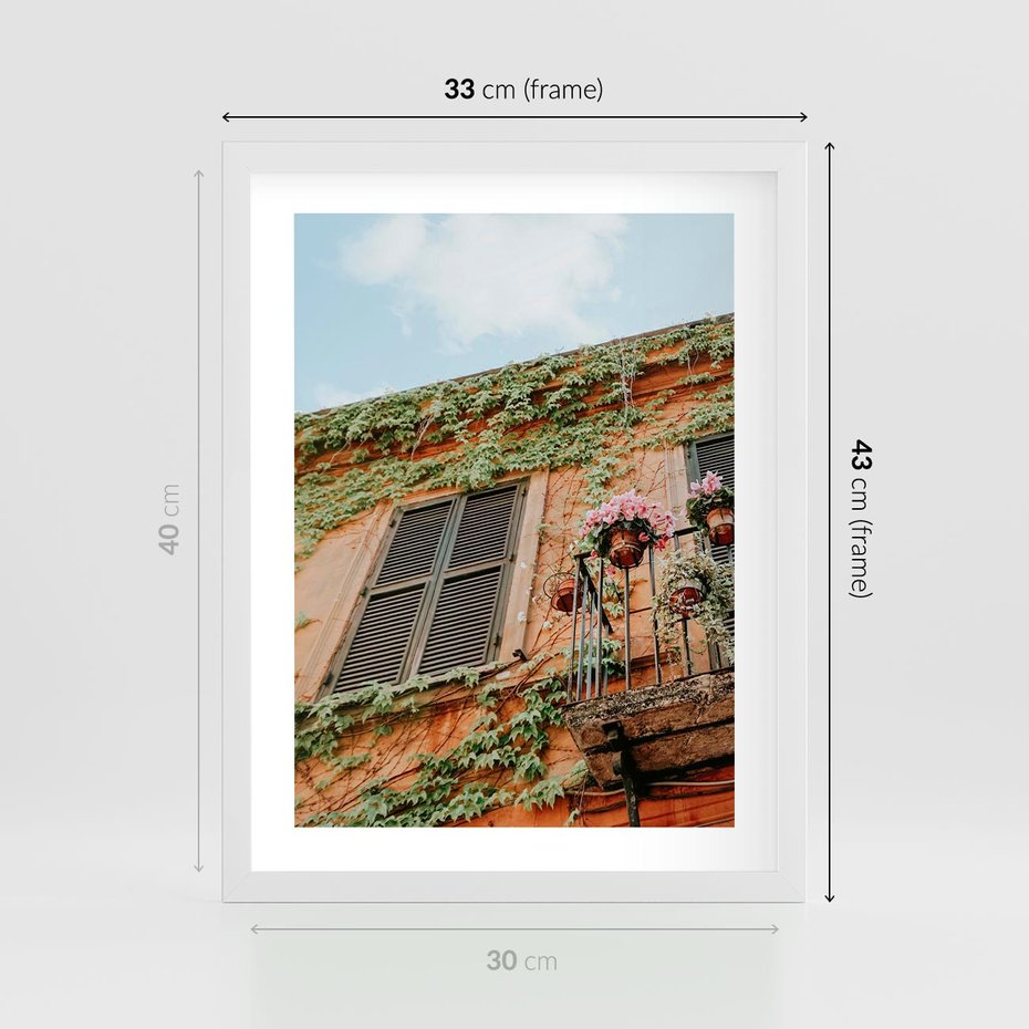 Plakat w ramie 30x40 - Okno do włoskich budynków - włoskie, budynki - rama biała