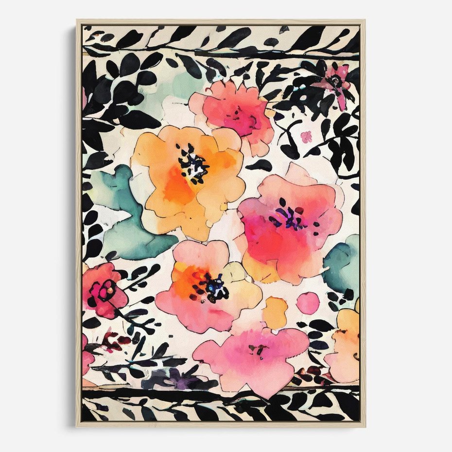 Obraz w ramie 50x70 - Opowieść w kroplach farb - akwarelowe kwiaty, mocna ornamentowa czarna ramka namalowana dookoła obrazu - rama drewno