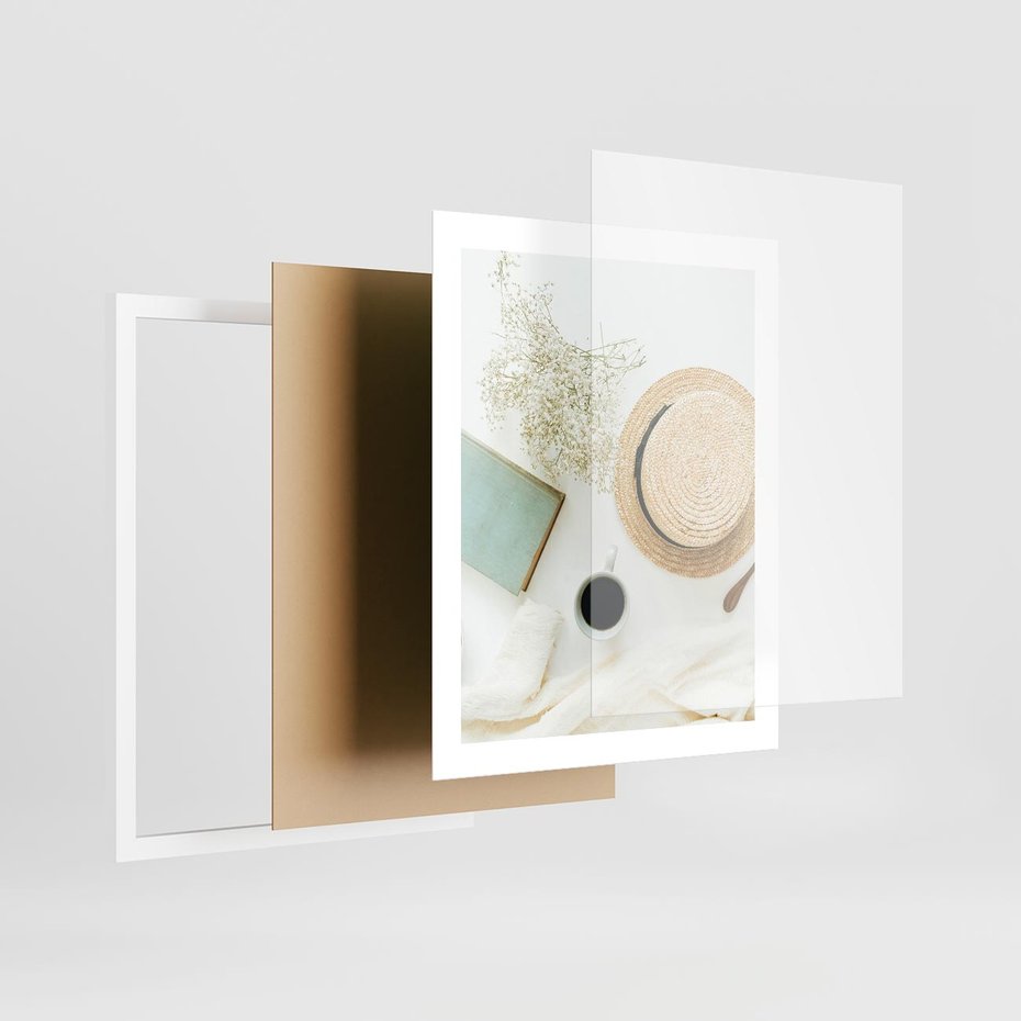Plakat w ramie 40x50 - Boho Urok - kompozycja boho, slomkowy kapelusz - rama biała