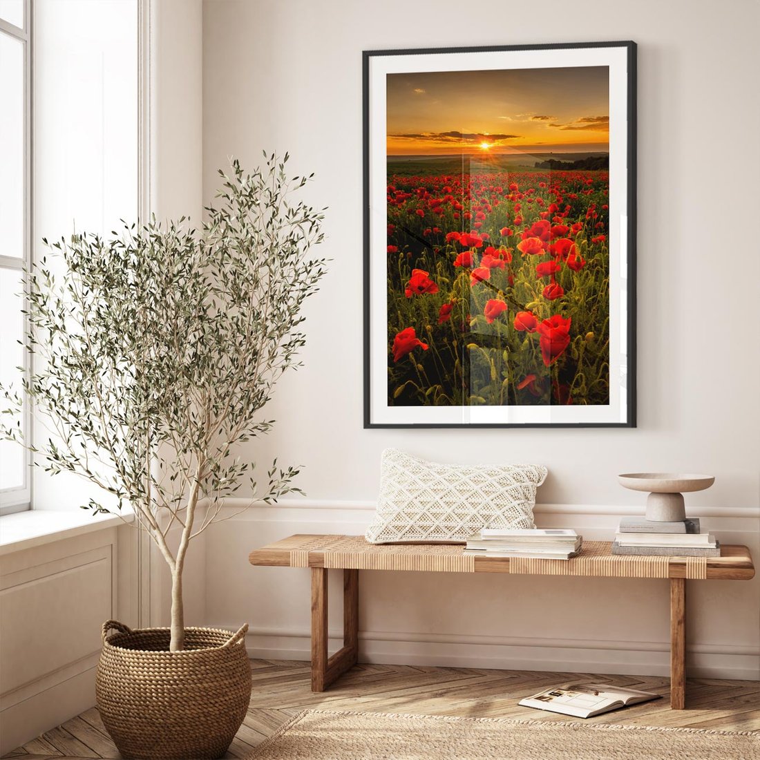 Plakat w ramie 40x50 - Maki przy zachodzie słońca - maki, zachód - rama czarna