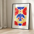 Plakat bez ramy 30x40 - Eklektyczny Majestat - wyrazista grafika, mocne kolory czerwień niebieski żółty
