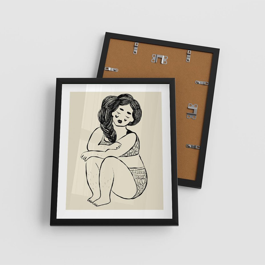 Plakat w ramie 40x50 - Migotliwe Refleksje - nowoczesny minimalistyczny rysunek, dziewczyna w bieliźnie - rama czarna