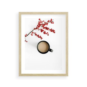 Plakat w ramie 40x50 - Filiżanka Kawy z Gałązką Jarzębiny - kawa, gałązka jarzębiny - rama drewno