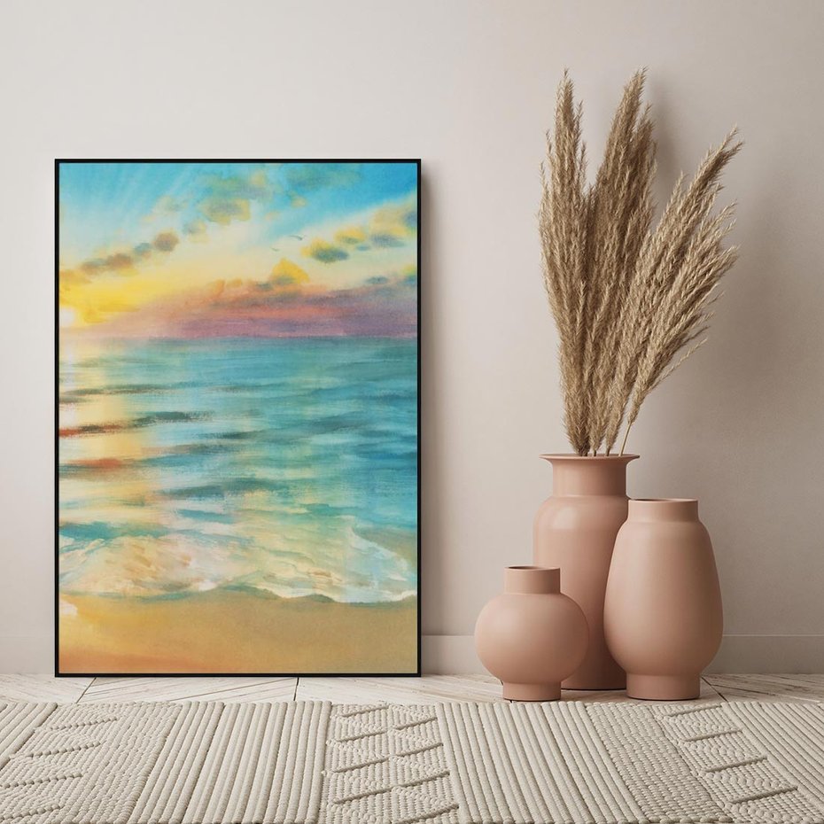 Obraz w ramie 70x100 - Objawienie Fioletowego Świtu - fioletowy wschód słońca, słońce wschodzi nad morzem - rama czarna