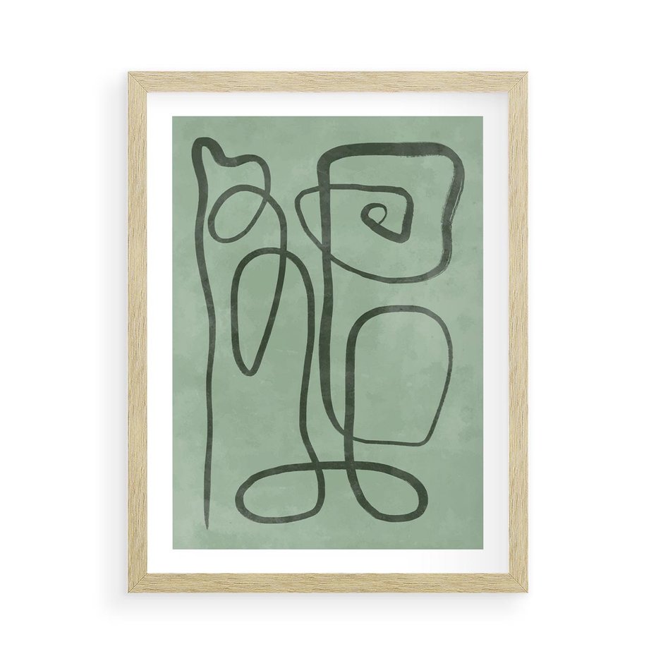 Plakat w ramie 50x70 - Zielone Wariacje w Liniach - abstrakcyjne zielone linie, skandynawski design - rama drewno