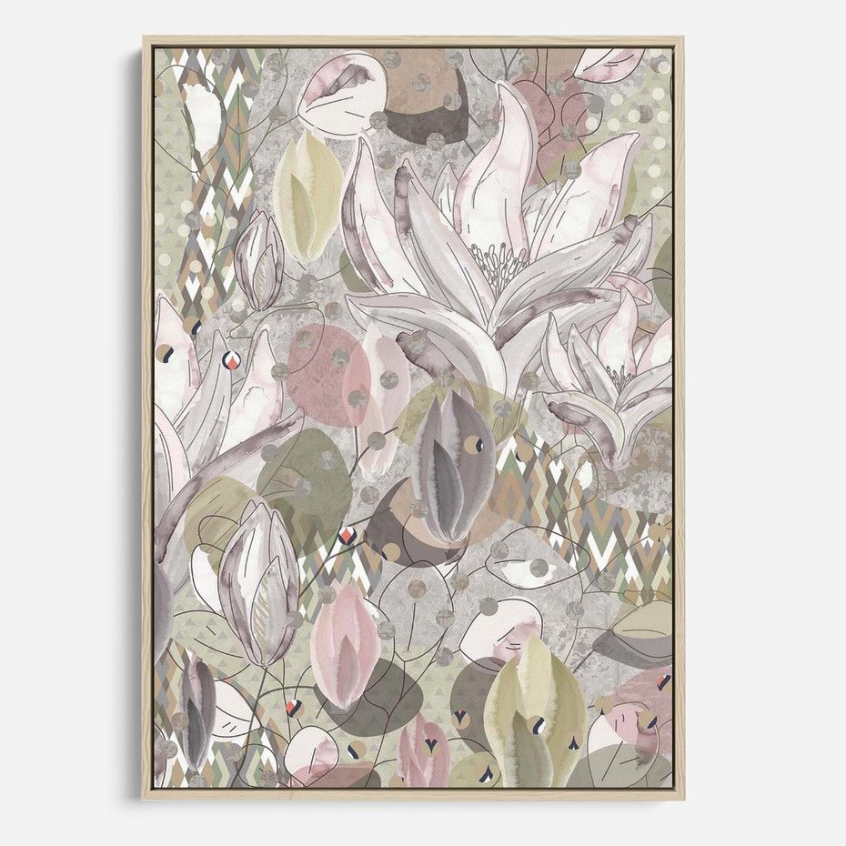 Obraz w ramie 80x120 - Pejzaże zatajonej duszy - połączenie tekstur, roślinne motywy - rama drewno