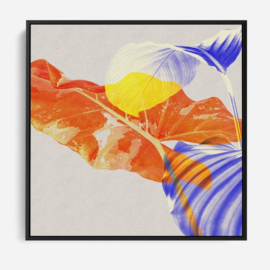 Obraz w ramie 50x50 - Energetyczne Indygo - retro, tropikalne liście - rama czarna