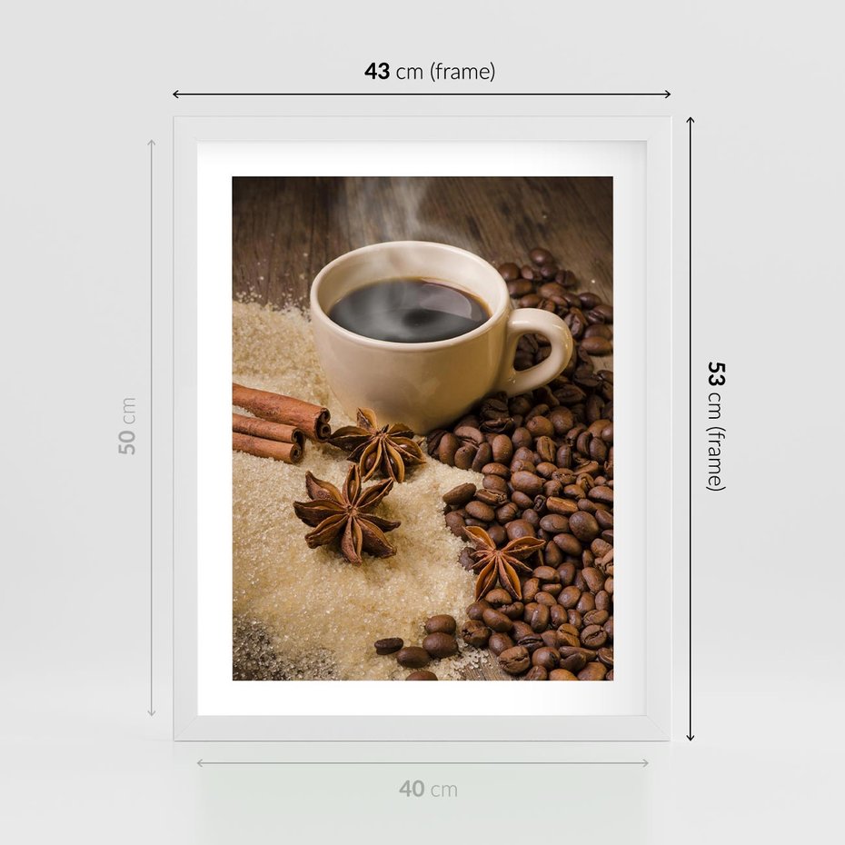 Plakat w ramie 40x50 - Kawowa filiżanka pełna aromatu - kawa, filiżanka - rama biała