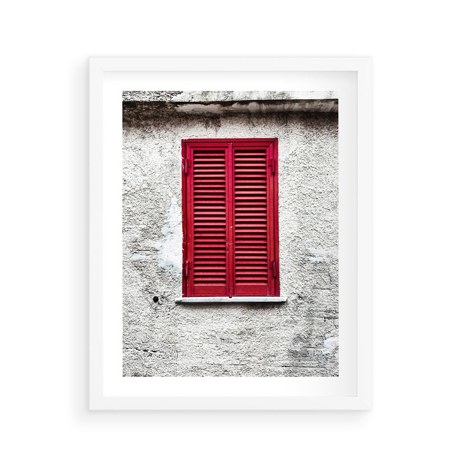 Plakat w ramie 40x50 - Okno z Czerwonymi Okiennicami - stare okno, kamienica - rama biała