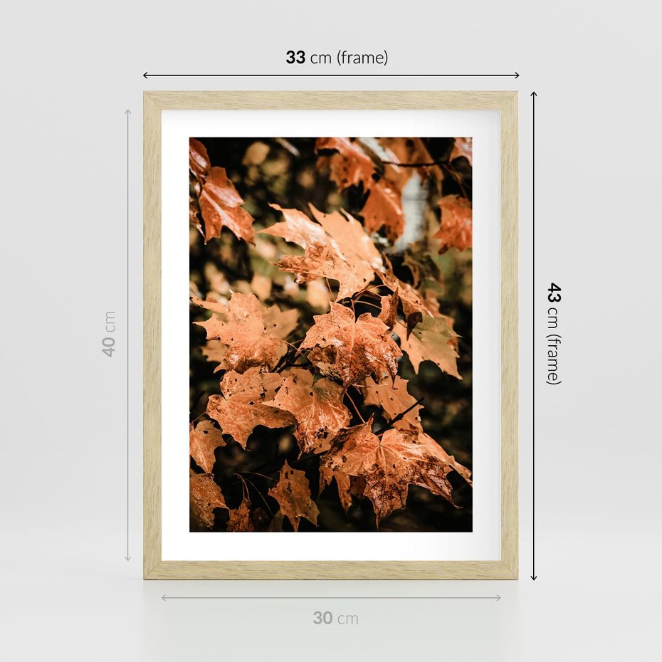 Plakat w ramie 30x40 - Ciepło Jesieni - jesienne pomarańczowe liśćie, jesień - rama drewno
