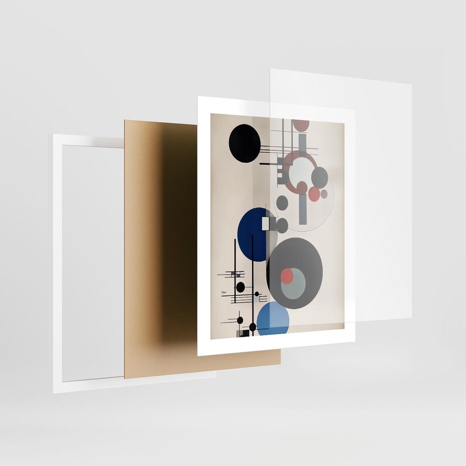 Plakat w ramie 40x50 - Rozkwitające Wibracje Wyobraźni - abstrakcyjna geometryczna kompozycja, koła linie - rama biała