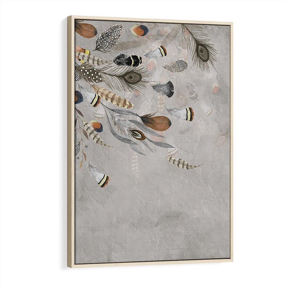 Obraz w ramie 80x120 - Sploty losu na płótnie - kompozycja boho piór, indiańskie pióra - rama drewno