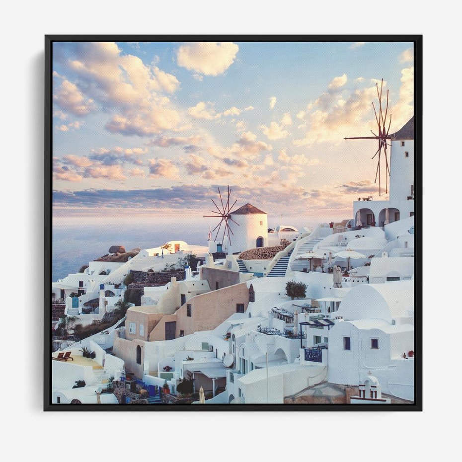 Obraz w ramie 50x50 - Biel ponad Błękitem - Santorini, białe budynki - rama czarna