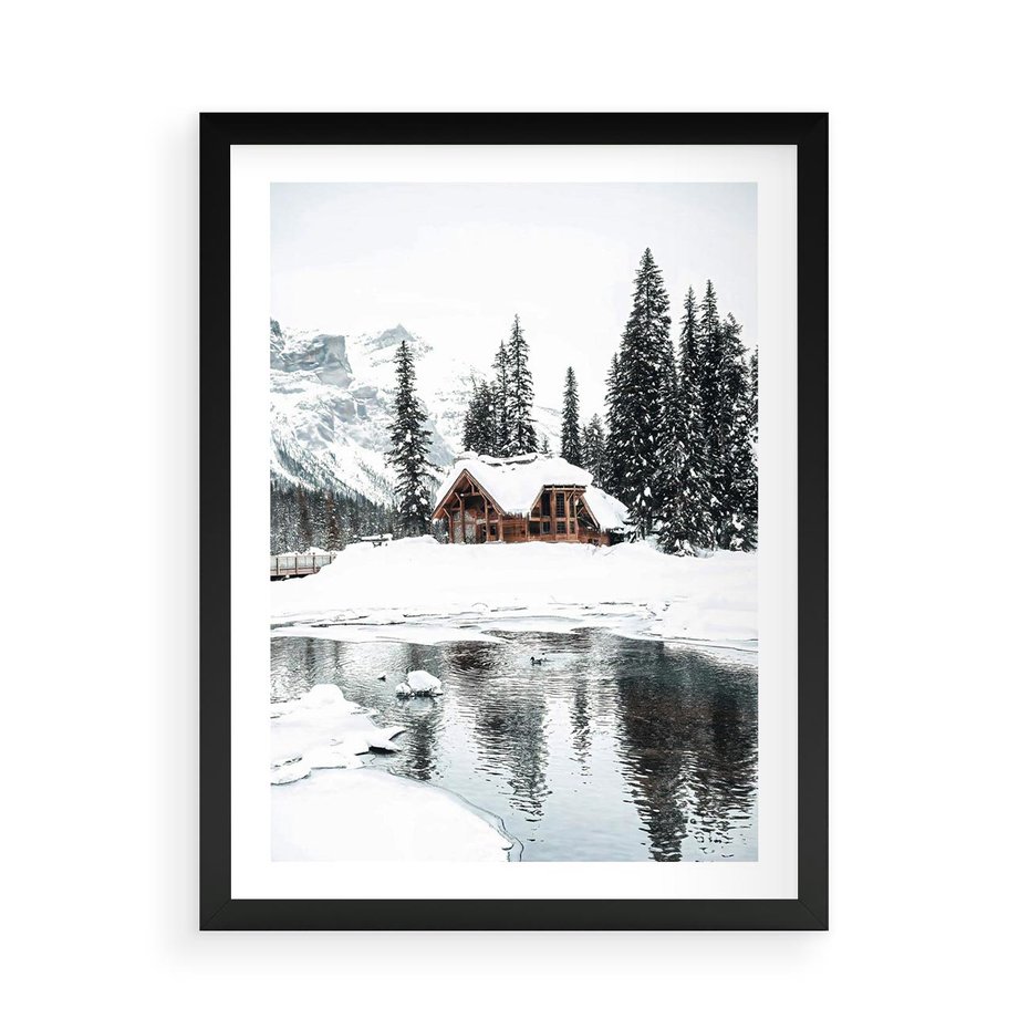 Plakat w ramie 50x70 - Urok Zimowego Krajobrazu - domek w górach, zima - rama czarna