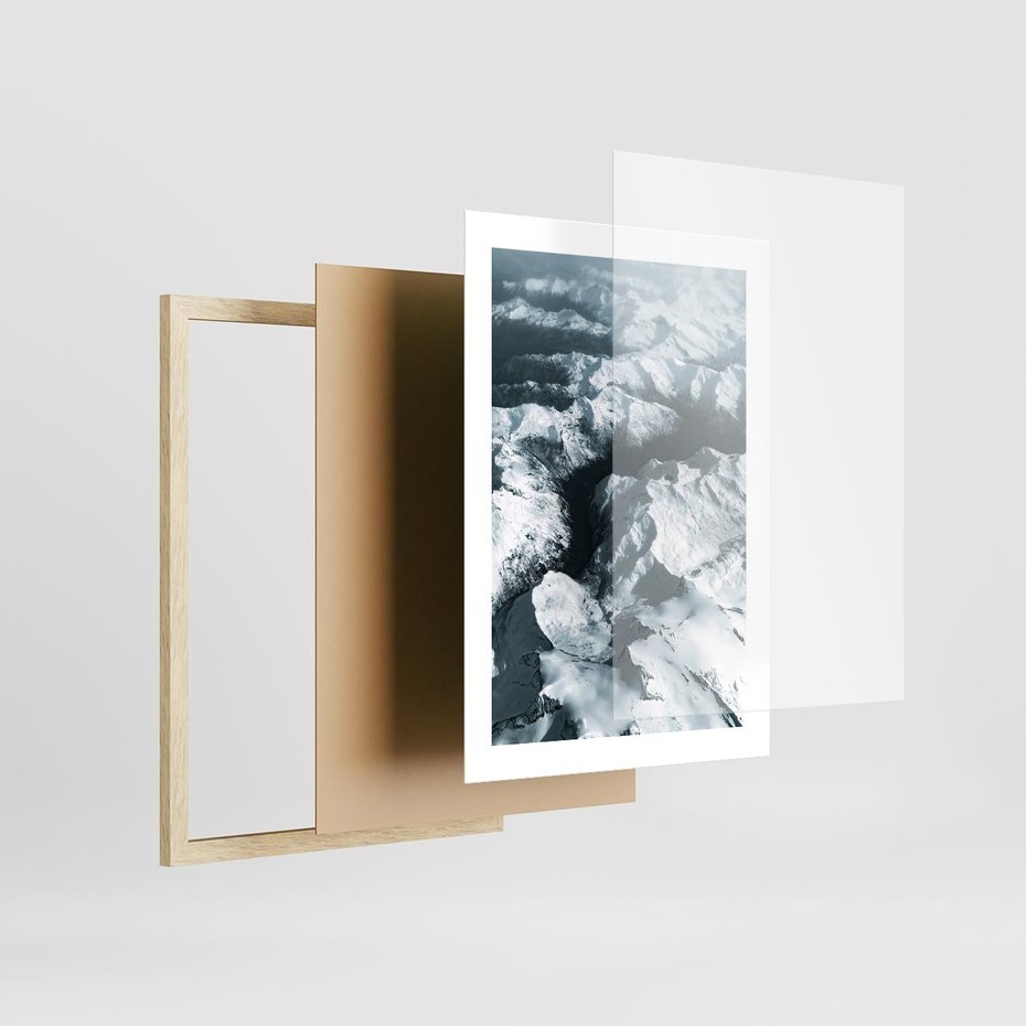 Plakat w ramie 30x40 - Ośnieżone Szczyty z Wysoka - ośnieżone szczyt górskie, zdjęcie z lotu ptaka - rama drewno