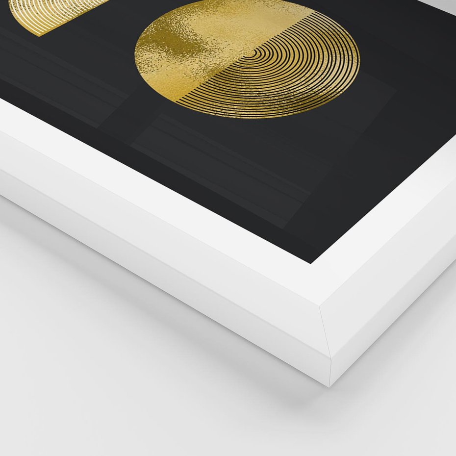 Plakat w ramie 50x70 - Migotliwe Przeniknięcia - złote koła, czarne tło - rama biała
