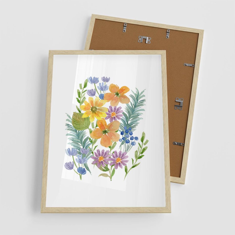 Plakat w ramie 50x70 - Migocące Widoki Kwiatów - akwarelowe polne kwiaty, minimalistyczny plakat - rama drewno