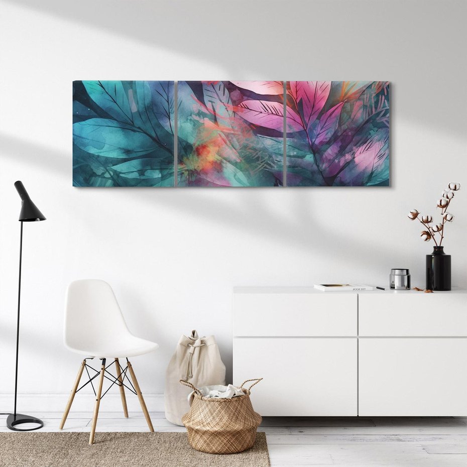 Obraz na płótnie 150x50 - Subtelne Zielone - pastelowe zielone liście, róż