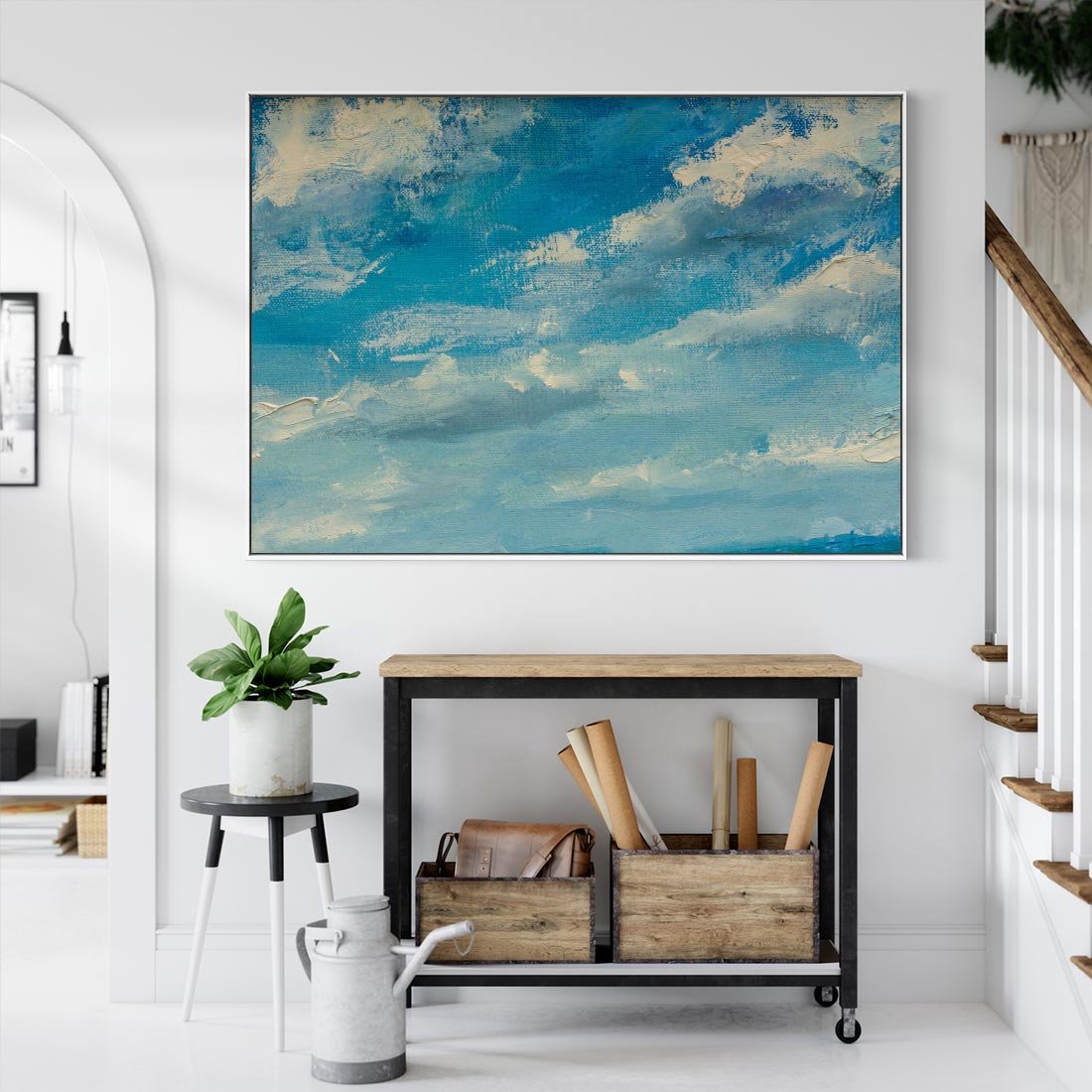 Obraz w ramie 120x80 - Oddechy niebiańskiej materii - olejny obraz, smugi farby przypominają obłoki na błękitnym niebie - rama biała