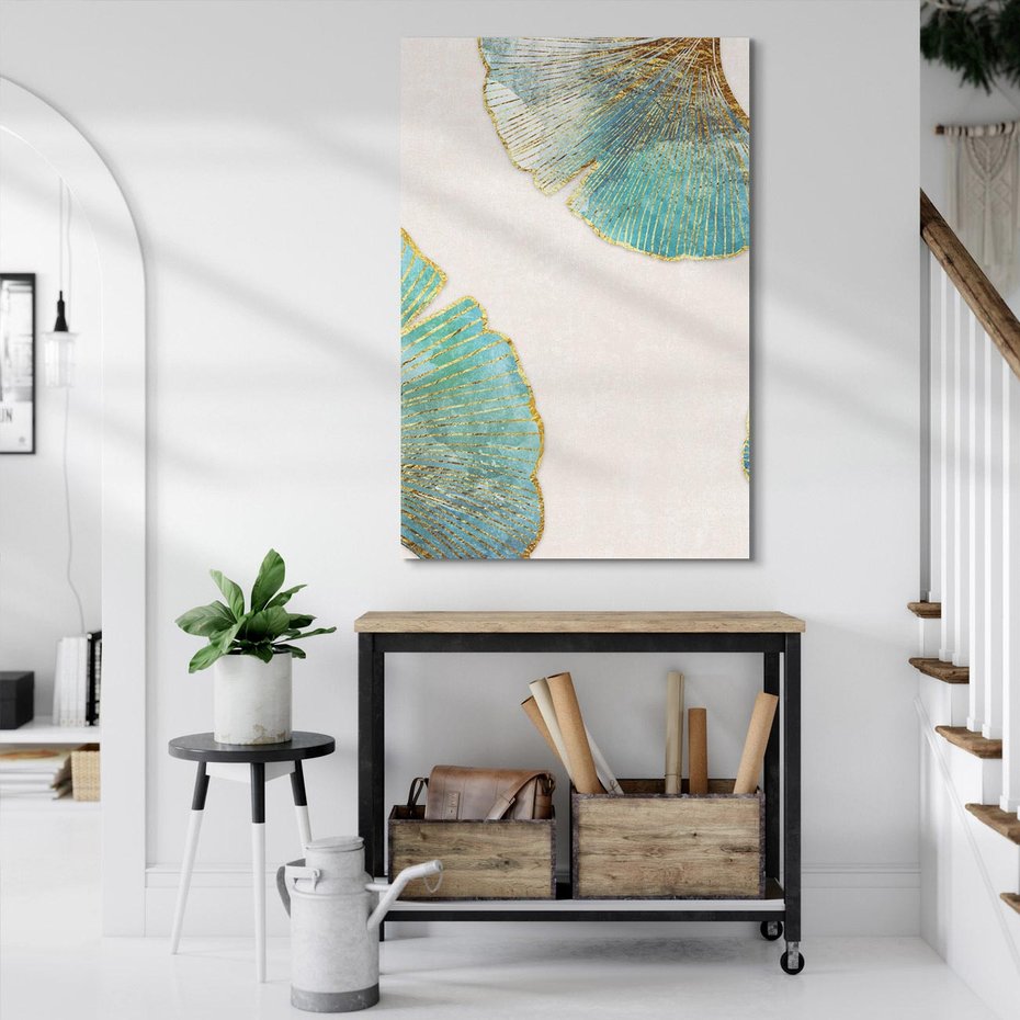 Obraz na płótnie 70x100 - Złota Melodia Liści - złote, turkusowe liście miłorzębu
