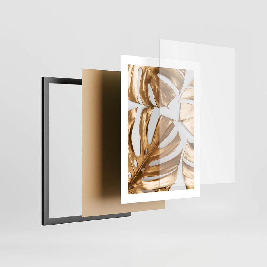 Plakat w ramie 30x40 - Złote Akcenty w Fotografii - złotel liście monstery, na białym tle - rama czarna