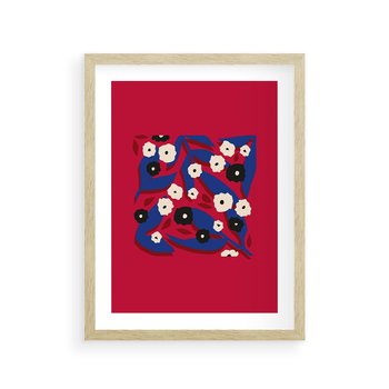 Plakat w ramie 40x50 - Kolorowe Przenikanie - abstrakcyjna kwiatowa kompozycja, czerwone mocne tło - rama drewno