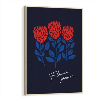 Obraz w ramie 80x120 - Podróżne Barwy - czerwone abstrakcyjne kwiaty, granatowe tło - rama drewno