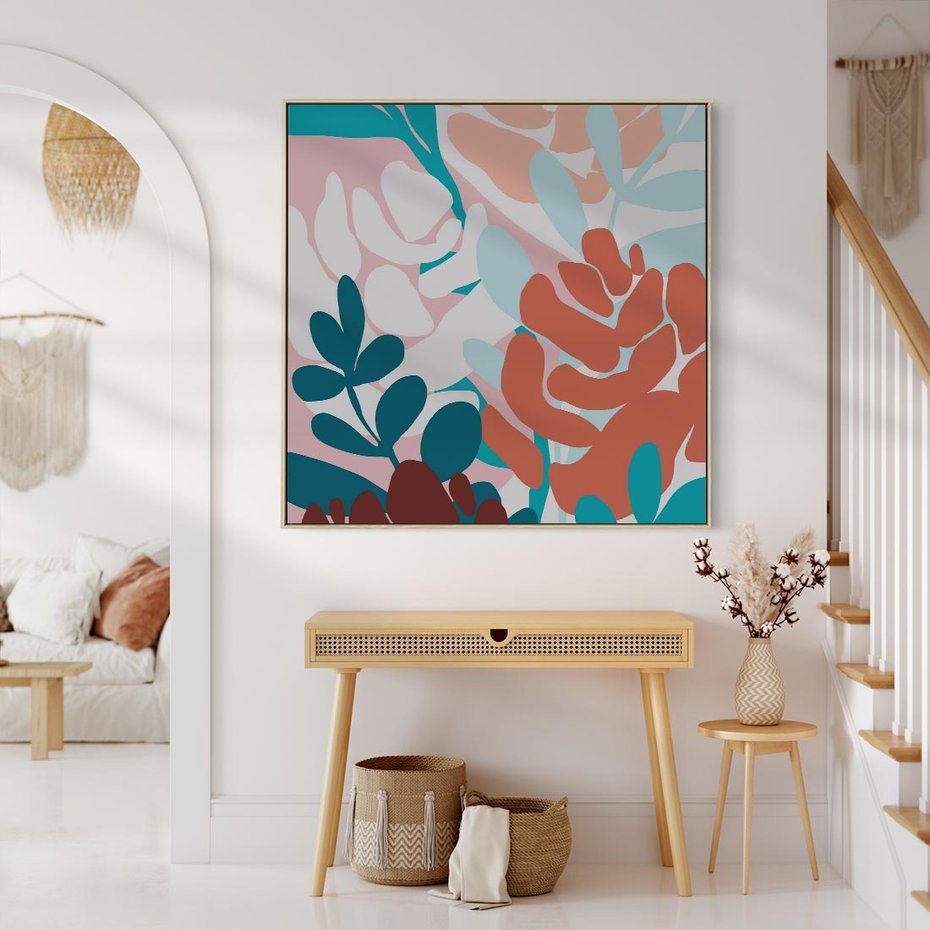 Obraz w ramie 50x50 - Impresje Kształtów - abstrakcyjna kompozycja kwiatowych form, kolor zgaszone - rama drewno