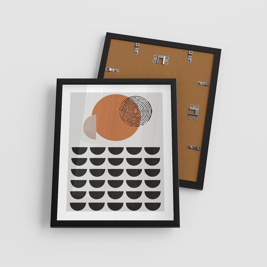 Plakat w ramie 40x50 - Geometryczna Ekspresja - geometryczny graficzny obraz, pomarańczowe koło - rama czarna