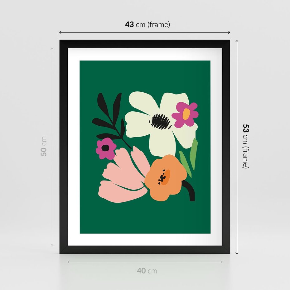 Plakat w ramie 40x50 - Rozbijające Echa - abstrakcyjne kwiaty, zielone tło - rama czarna