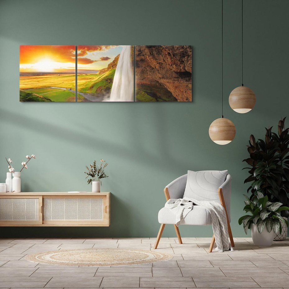 Obraz na płótnie 120x40 - Zachód słońca nad islandzkim wodospadem - Islandia, wodospad