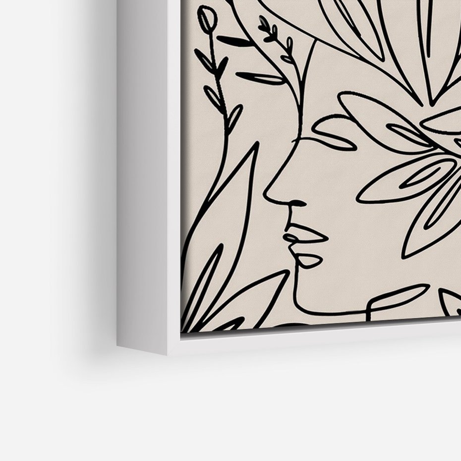 Obraz w ramie 50x70 - Kobiecy Portret Duszy - beżowe tło, czarny szkic nowoczesnych kwiatów - rama biała